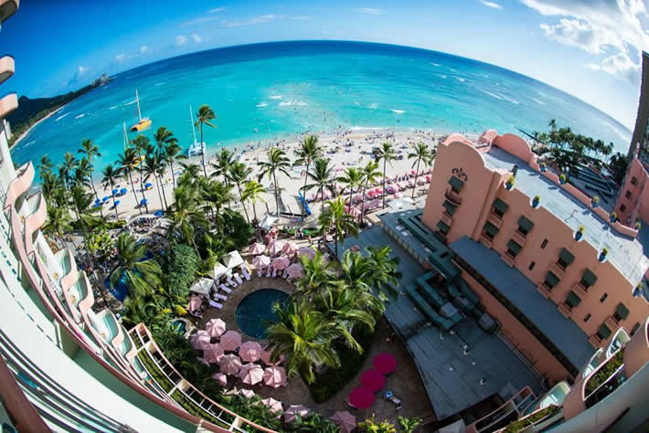 View from the top floor of the Royal Hawaiian Hotel over Waikiki Beach and the ocean